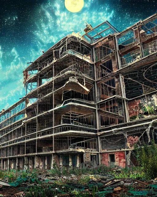 Image similar to a beautiful hyperdetailed illustration of nature unfinished building mine architecture building industrial architecture city urbex abandoned by rafael aranda, liberty city flowers sci - fi at spring cgsociety nightsky, archdaily, wallpaper, highly detailed, trending on artstation.