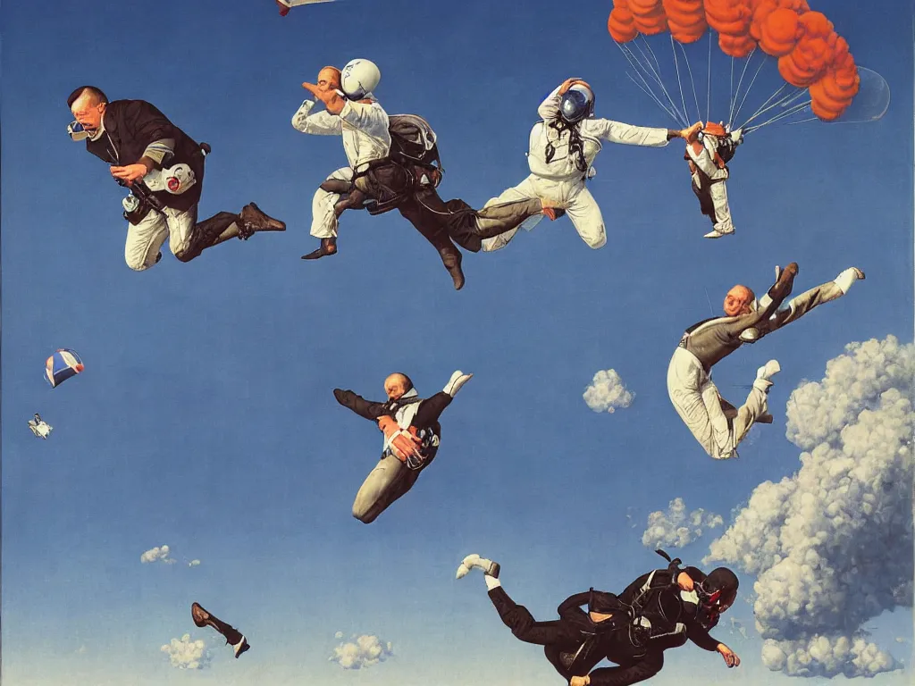 Image similar to benjamin netanyahu skydiving, plane and parachute in background, by norman rockwell and rene magritte, highly detailed