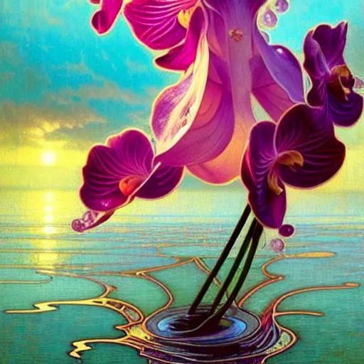 Image similar to detailed giant orchid flower surrounded by ocean wave, water, ripples, transparent droplets, backlit, sunset, refracted lighting, art by collier, albert aublet, krenz cushart, artem demura, alphonse mucha