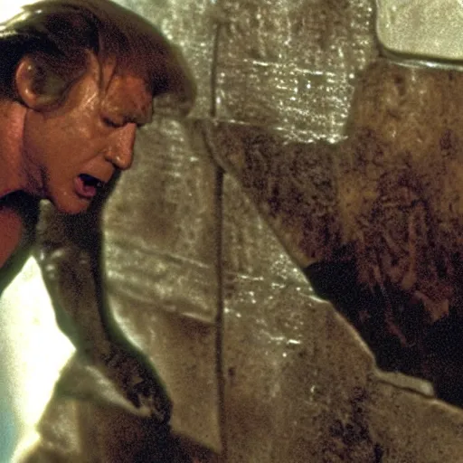 Prompt: film still of Donald Trump being held against a wall by a predator in the movie Alien.