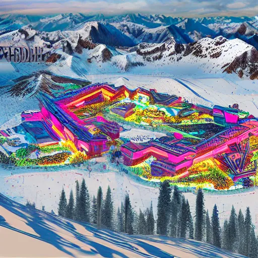 Prompt: psychedelic ski resort, concept art, architectural plans, synthwave, 4k render