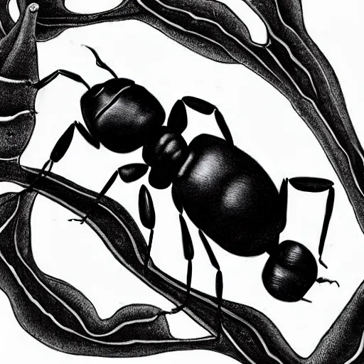 Image similar to ant, black and white, botanical illustration, naturalistic, book illustration, black ink on white paper, bold lines