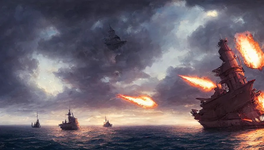 Image similar to dragon breathing fire in the sky above a single navy sailing ship by greg rutkowski