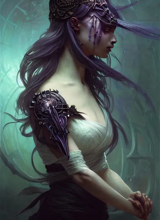 Image similar to Necromancer Sorceress, fantasy magic, undercut hairstyle, dark light night, intricate, elegant, sharp focus, illustration, highly detailed, digital painting, concept art, matte, art by WLOP and Artgerm and Greg Rutkowski and Alphonse Mucha, masterpiece