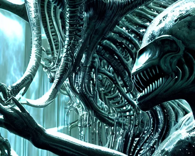 Image similar to film still of kim kardashian being licked by an xenomorph slathered in a transparent alien liquid, wet flowing hair, gooey skin, illustration, unreal engine 5, 8 k, directed by h. r. giger.