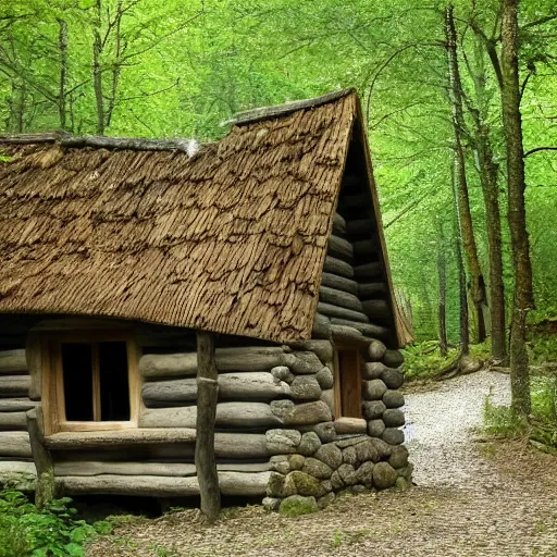 Image similar to in deep forest in france antic farytale story little cabin made by stones many ages secret