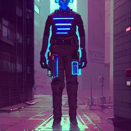 Prompt: A cyberpunk policemen cyborg on the street of a cyberpunk city art by Josan Gonzalez, sci-fi, highly detailed, digital painting, artstation, smooth, sharp focus, illustration, concept art by Josan Gonzalez and James Gurney and Mœbius