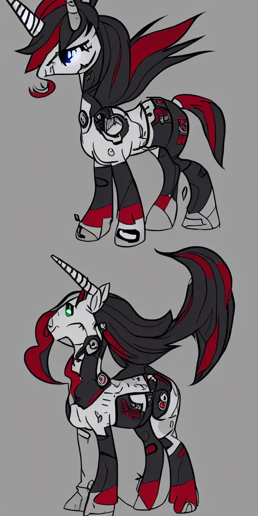 Image similar to Fallout Equestria Project Horizons | Blackjack Character Fanart | White MLP Unicorn Mare with red and black shaggy hair, and bright, robotic eyes. | Cutie Mark is: Ace and Queen of Spades | Trending on ArtStation, Digital Art, MLP Fanart, Fallout Fanart | Blackjack sitting and looking depressed at the viewer