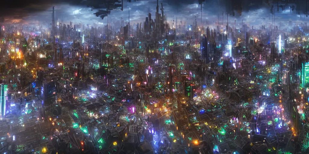 Prompt: City on planet Computer World, city inhabited by living computer programs, city made of giant electronic circuit components, fantasy landscape, concept art, matte painting