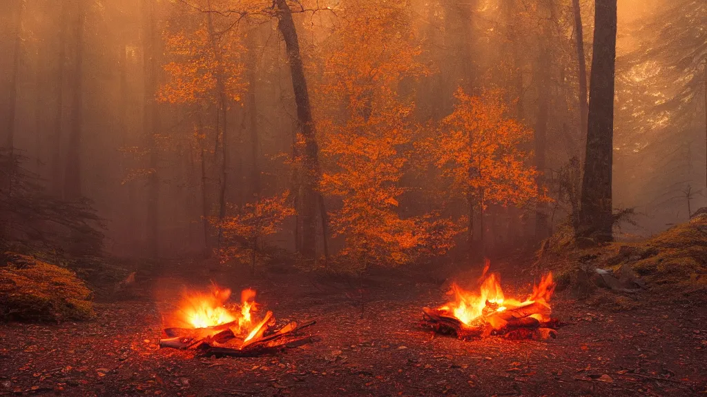 Image similar to beautiful closeup render of a campfire, unreal engine, smoke, sparks, evening, soft light, forest, hut, camp, fall, orange leaves, larches, early morning, fog, mist, by greg rutkowski, cgsociety