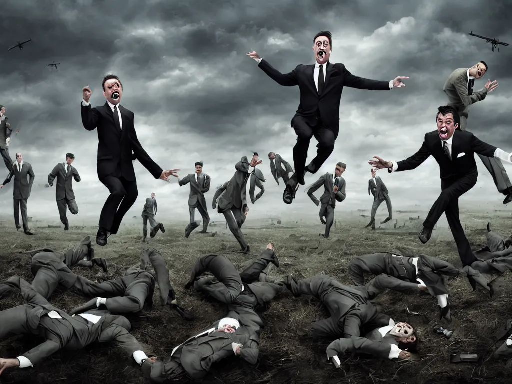 Prompt: one Comedian in suit and tie performing in a battle-field with dead bodies on the ground, comedian is funny, performing to dead soldiers, nuclear bomb in far horizon, apocalypse, trending on artstation, single man in suit, artstationHD, hyperdetailed matte painting, highly detailed, digital painting, hyper-realistic, realistic, photo-realistic