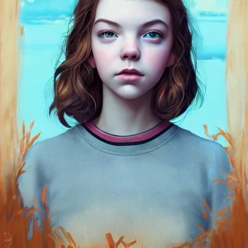 Prompt: a beautiful scenic painting of a beautiful young girl that looks like anya taylor - joy by artgerm and wlop and wes anderson and spike jonze