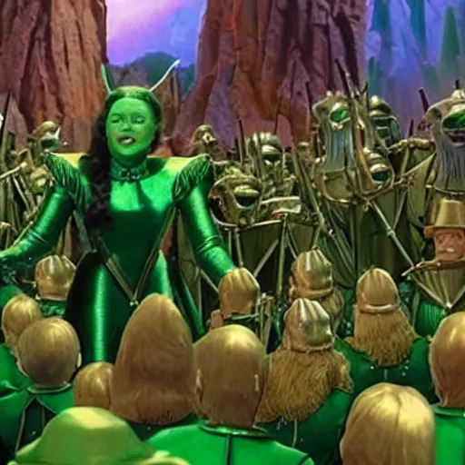 Image similar to emerald city from the wizard of oz being stormed by trump supporting munchkins,