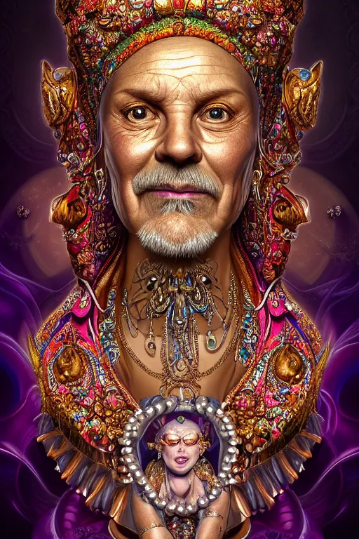 Image similar to maximalist detailed wise old genie portrait by adoryanti, machine. delusions, holosomnia, electrixbunny, rendered in discodiffusion. decorated with pearls and gems, behance hd. by andrei riabovitchev, tomasz alen kopera, oleksandra shchaslyva igor goryunov artgerm. ray tracing hdr polished sharp