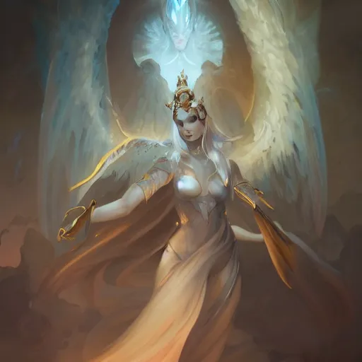 Image similar to a beautiful angel of shadows from angelarium, centered composition, by pete mohrbacher and artgerm and wlop, digital art, highly detailed, intricate, fantasy, mystical, ethereal, Trending on Artstation HQ, deviantart, unreal engine, 4K UHD image