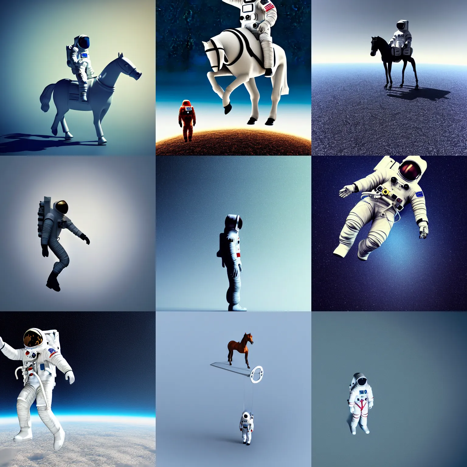 Prompt: an astronaut standing on the ground and a horse horse horse horse floating standing above the human, exactly above that astronaut, minimalist style, 3 d render.