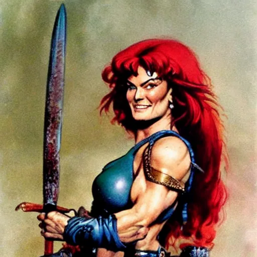 Prompt: Red Sonja portrait by Frank Frazetta, sly smile. Detailed.