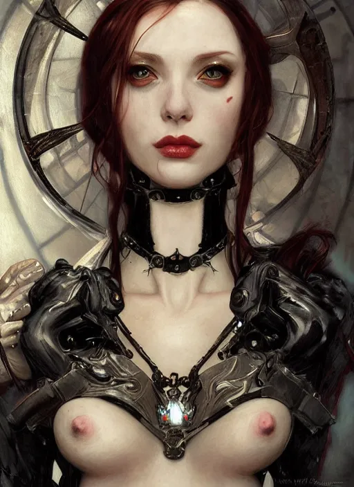 Image similar to portrait of beautiful pale gothic maiden in latex, warhammer 40000, cyberpunk, intricate, elegant, highly detailed, digital painting, artstation, concept art, smooth, sharp focus, illustration, art by artgerm and greg rutkowski and alphonse mucha and Gustav Klimt