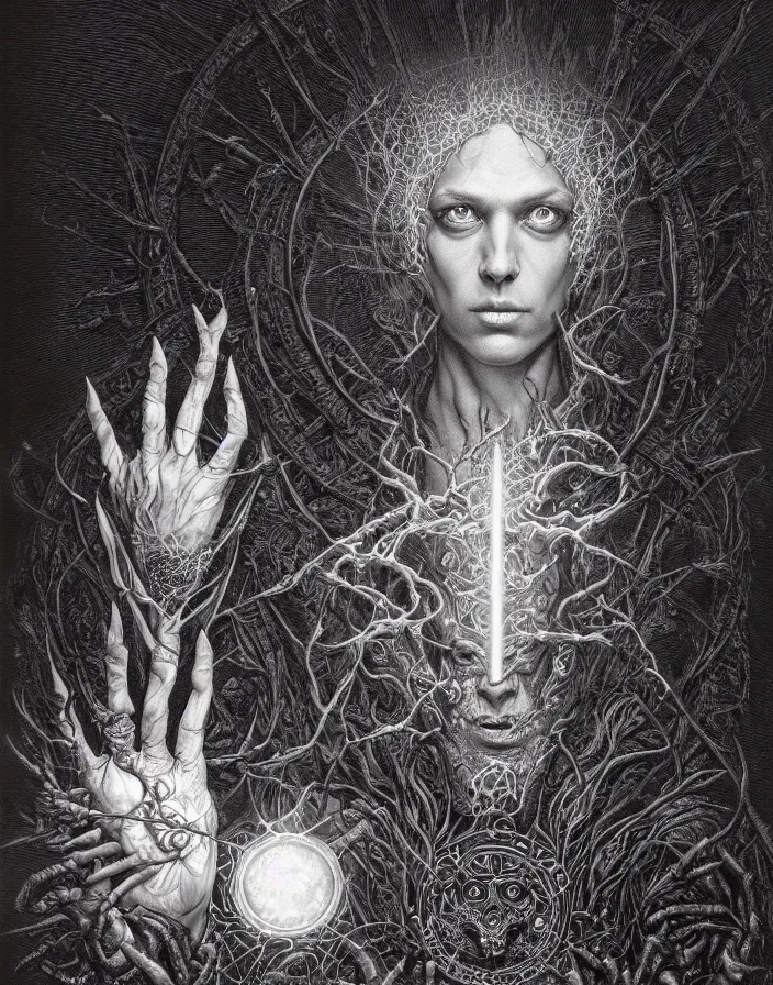 Image similar to highly detailed portrait of a dark mage casting a spell by alex grey, patrick woodroffe, mark ryden created by gustave dore and greg rutkowski, high detailed, smooth draw, synthwave neon retro, intricate, realistic proportions, dramatic lighting, trending on artstation