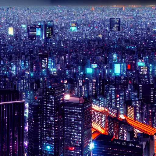 Prompt: tokyo at night time with cerulean lights, city lights, cinematic, ray traced, octane render, cinematic lighting, ultrarealistic, featured on artstation, 8 k uhd artwork