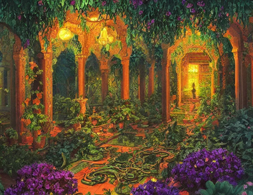 Prompt: lovecraftian persian palace garden. this oil painting by the beloved children's book illustrator has dramatic lighting, an interesting color scheme and great sense of depth.