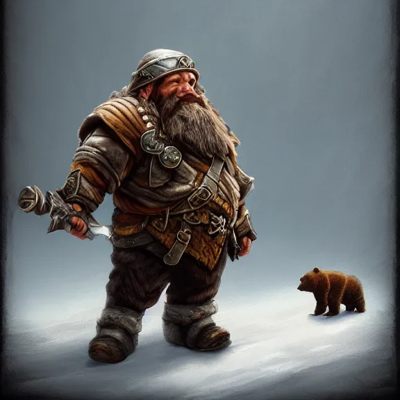 Image similar to Dwarf Ranger with Bear Companion at his feet, RPG Reference Sheet, Oil Painting, Trending on Artstation, octane render, Insanely Detailed, 8k, HD