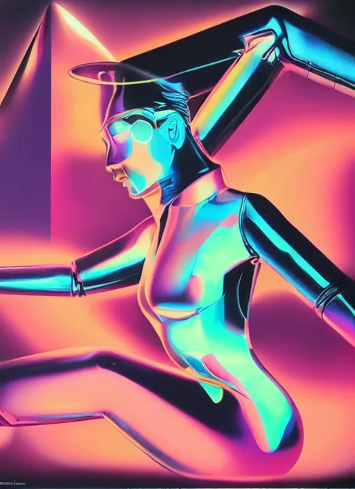 Image similar to futuristic lasers tracing, colorsmoke, fullbodysuit, pyramid hoodvisor, raindrops, wet, oiled, beautiful cyborg girl aphrodite pinup, by steven meisel, kaws, rolf armstrong, hannah af klint, perfect geometry abstract acrylic, octane hyperrealism photorealistic airbrush collage painting, monochrome, neon fluorescent colors, minimalist rule of thirds, eighties eros