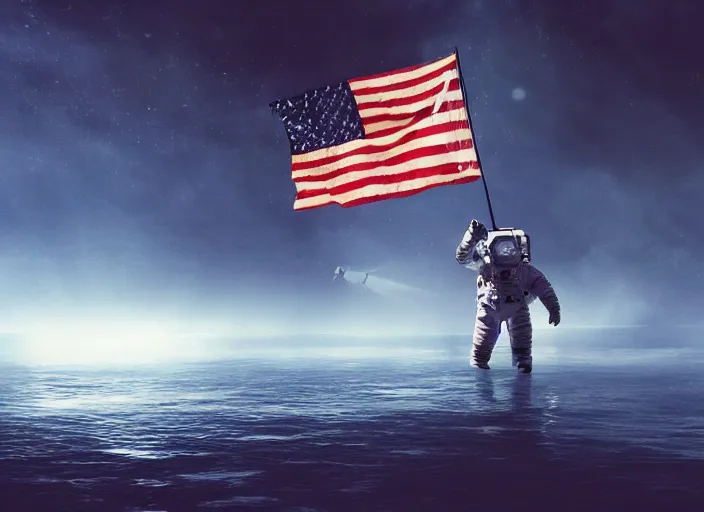 Image similar to astronaut holding a flag in an underwater desert. a submarine is visible in the distance. dark, concept art, cinematic, dramatic, atmospheric, 8 k, trending on artstation, blue, fish, low visibility, light rays, extremely coherent, bubbles, fog, ocean floor, christopher nolan, interstellar