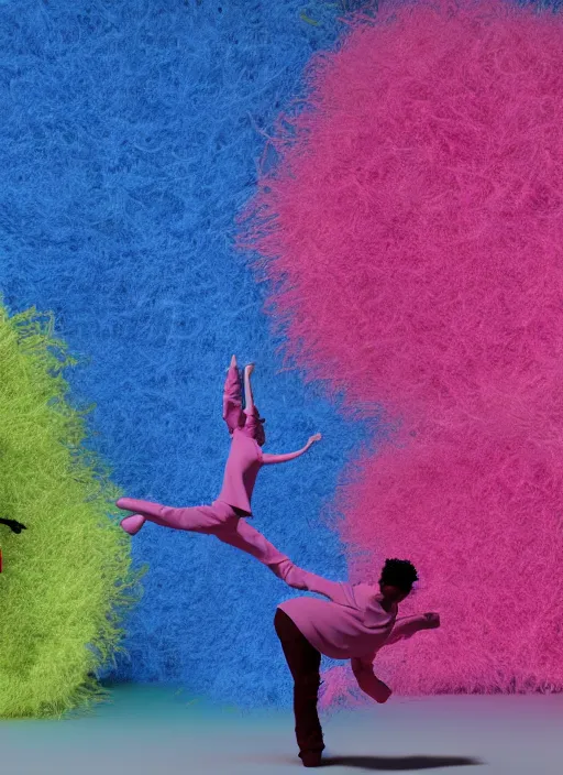 Image similar to group of giant sakura-colored people dancing made out of fluffy pipecleaners in the style of Jean-Michel Basquiat, 3D cinematic lighting, spotlight at a 90 DEGREE ANGLE, photorealism, octane render, depth of field, 8k, 35mm, artgem, Trending on artstation