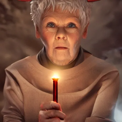 Prompt: Judy Dench wearing a monks tunic, holding a small glowing red magical wand with electrical bolts emitting from it. In a cave made of ice. Trending on Artstation, octane render, ultra detailed, art by Ross tran