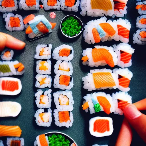 Prompt: detailed miniature people making sushi, tilt shift