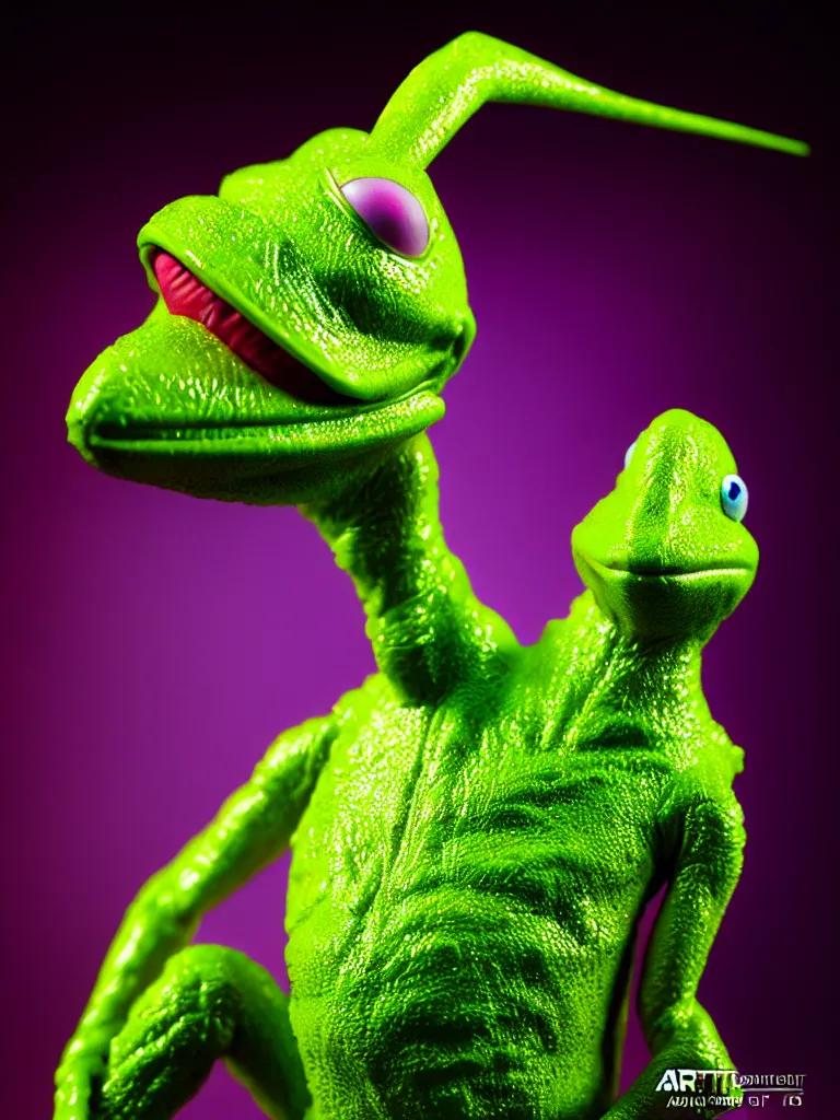 Image similar to hyperrealistic rendering, shiny wet kermit by art of skinner and richard corben and jeff easley, product photography, action figure, sofubi, studio lighting, colored gels, rimlight, backlight