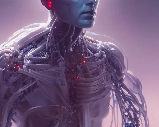 Image similar to a hyperrealistic painting of a human cyborg with cables coming out from his limbs connected to supercomputers, flood of images flowing from his head, tesseract, by greg rutkowski, artgerm, yakihiko yoshida and beeple, trending on artstation, concept art, insane details, zoomed out