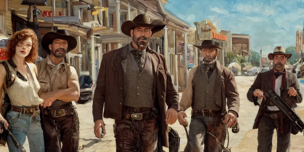 Prompt: an oil-painting of a busy old west town with Mila Jovovich and Dave Bautista