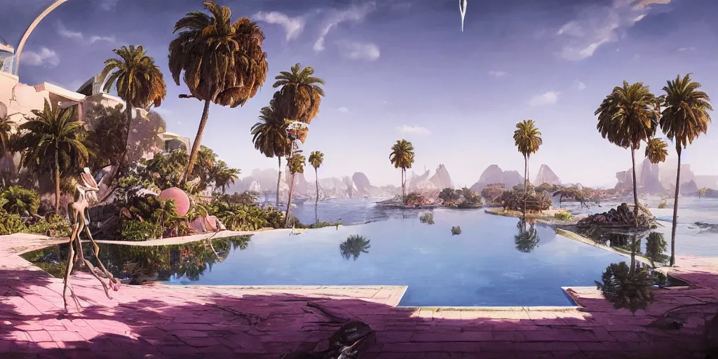 Image similar to artgem and greg rutkowski masterpiece, hyperrealistic surrealism, award winning masterpiece with incredible details, epic stunning, infinity pool, a surreal vaporwave liminal space, highly detailed, trending on ArtStation, calming, meditative, pink arches, palm trees, very vaporwave, very very surreal, sharp details, dreamscape, gigantic alien mirror structure