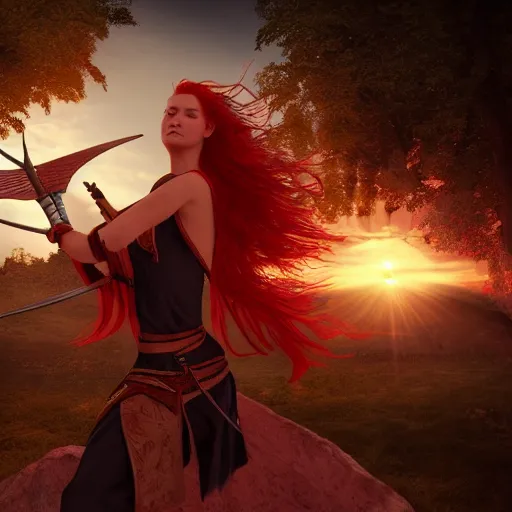 Image similar to Beautiful red haired warrior priestess in action pose practising in the monastery, sunset, backlit, digital art, trending on ArtStation