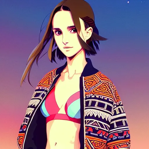 Image similar to a beautiful! boyish! natalie portman alluring gravure! model, wearing oversized aztec bomber jacket and leotard, poofy bomber jacket with mayan patterns, gapmoe yandere grimdark, trending on pixiv fanbox, painted by greg rutkowski makoto shinkai takashi takeuchi studio ghibli, akihiko yoshida