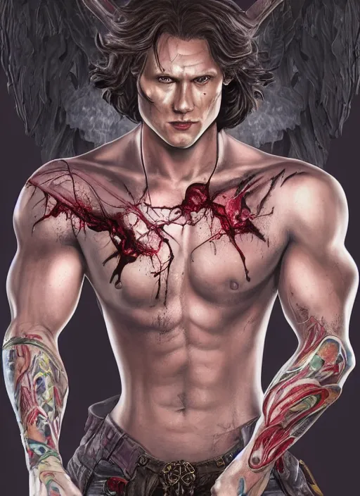 Image similar to Sam Winchester as a muscular angel with religious tattoos on chest and neck, stained and bleeding, magic overlays, magic flames, romance book cover style, D&D illustration style, (octane render) fantasy style, sharp focus, ultra detailed, art by Artgerm and Peter Andrew Jones, Ayami Kojima, Amano and Olivier Ledroit