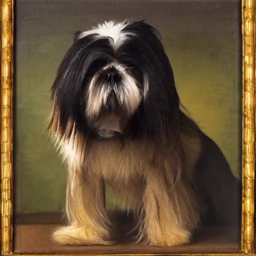 Prompt: portrait of a shi-tzu wearing a safety harness and work clothes painted as a Rembrandt oil painting