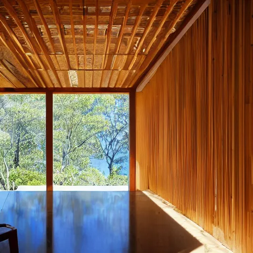 Image similar to interior photo of wood pavillion, sunbeam filtered through the ceiling, surrounded by nature, a small water mirror reflect contemporary sculptures inside the pavillion