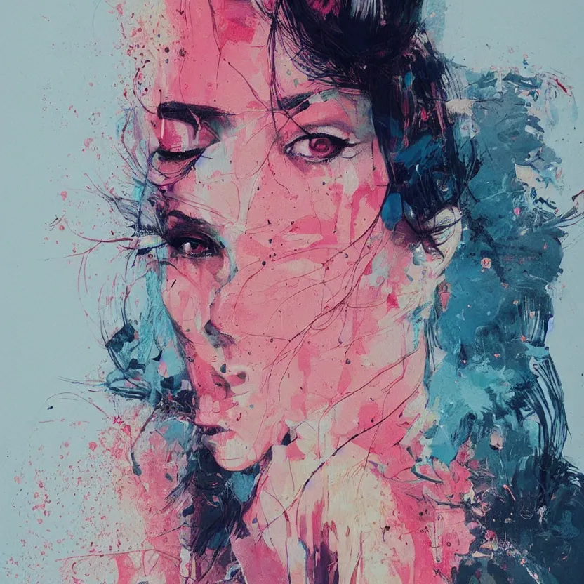 Image similar to close up portrait painting of a female dressed in nineties street styling, concept art, intricate details, highly detailed, aesthetically pleasing pastel colors, art by conrad roset