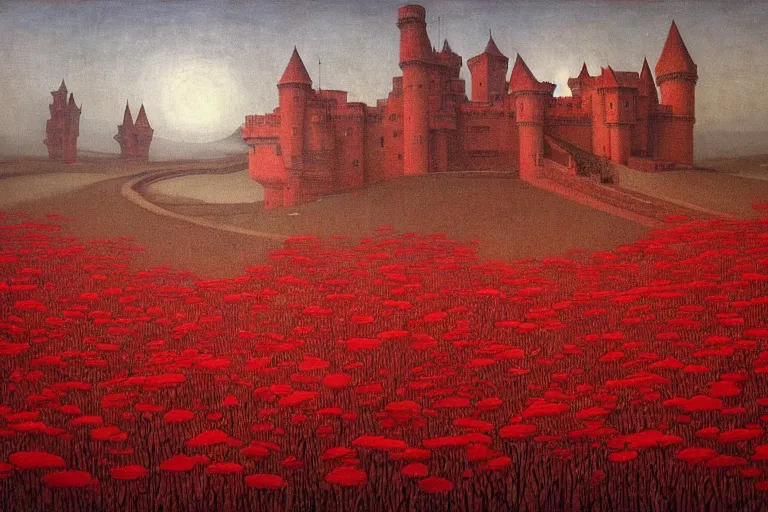 Image similar to only with red, red flowers of different types, a red tiger, a castle in the background, medieval demons dance over the flowers, an ancient path, in the style of beksinski, part by hopper, part by rodcenko, part by hofbauer, intricate composition, red by caravaggio, insanely quality, highly detailed, masterpiece, red light, artstation