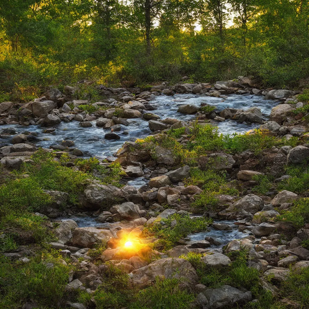 Prompt: Hidden campsite by a creek in the Blueridge mountains, photorealistic, sunset