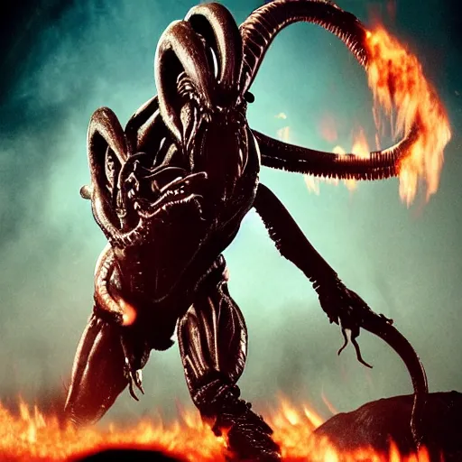 Image similar to portrait of a xenomorph roaring at a predator which has a weapon drawn. movie poster. photo 8 k.