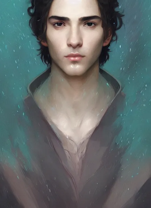 Image similar to character concept portrait of an attractive young focused Spanish wizard with pale teal skin enchanting a rain spell, a floating iridescent spell book in the center, intricate, elegant, digital painting, concept art, smooth, sharp focus, illustration, from Metal Gear, by Ruan Jia and Mandy Jurgens and William-Adolphe Bouguereau, Artgerm