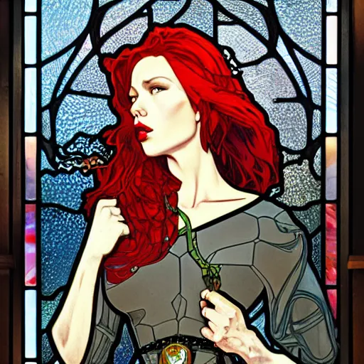 Prompt: Portrait of Black Widow by Mohrbacher and Moebius and Alphonse Mucha, broken stained glass windows