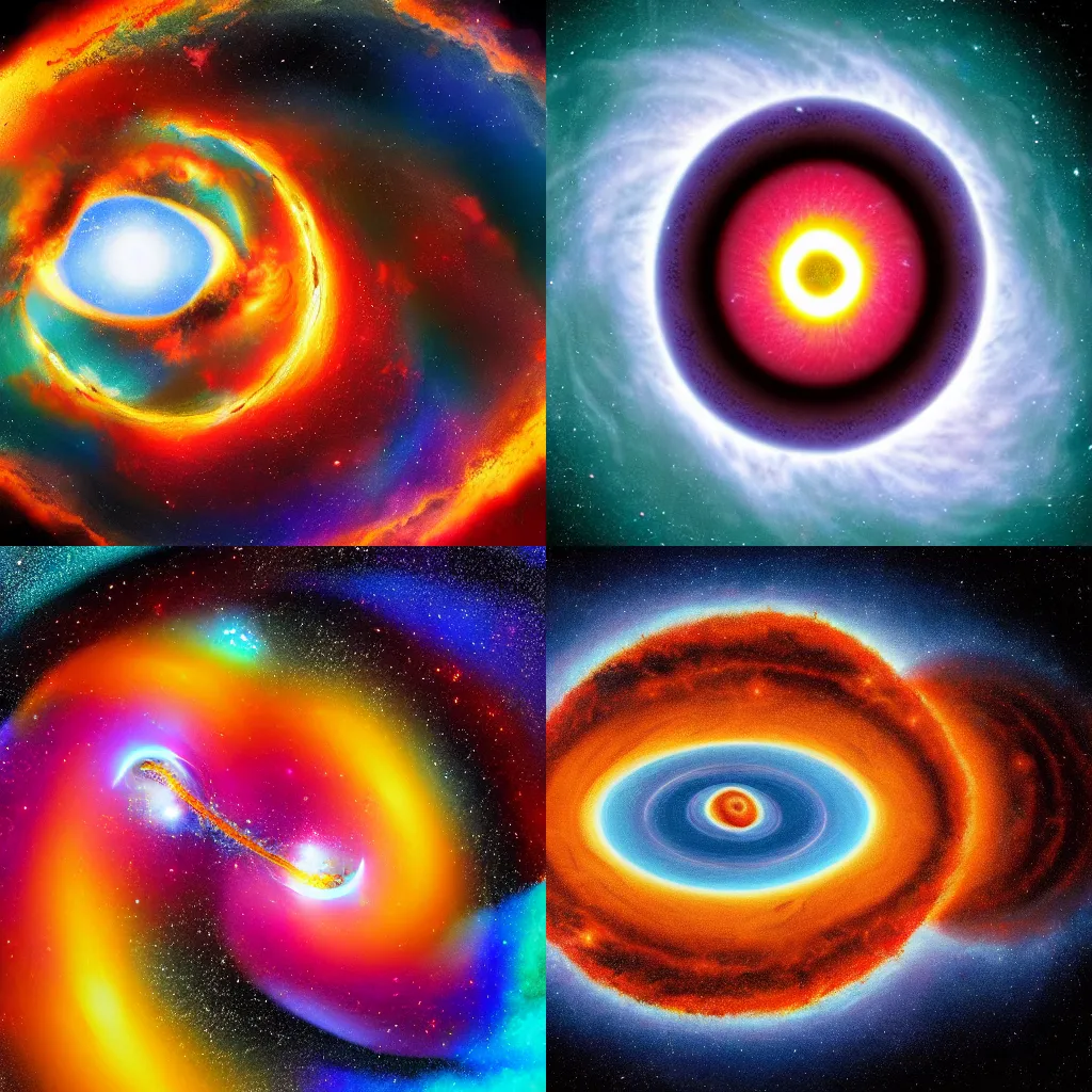Prompt: artistic depiction of two supermassive black holes colliding with each other, colorful, inspiring, photorealistic, awe, incredible