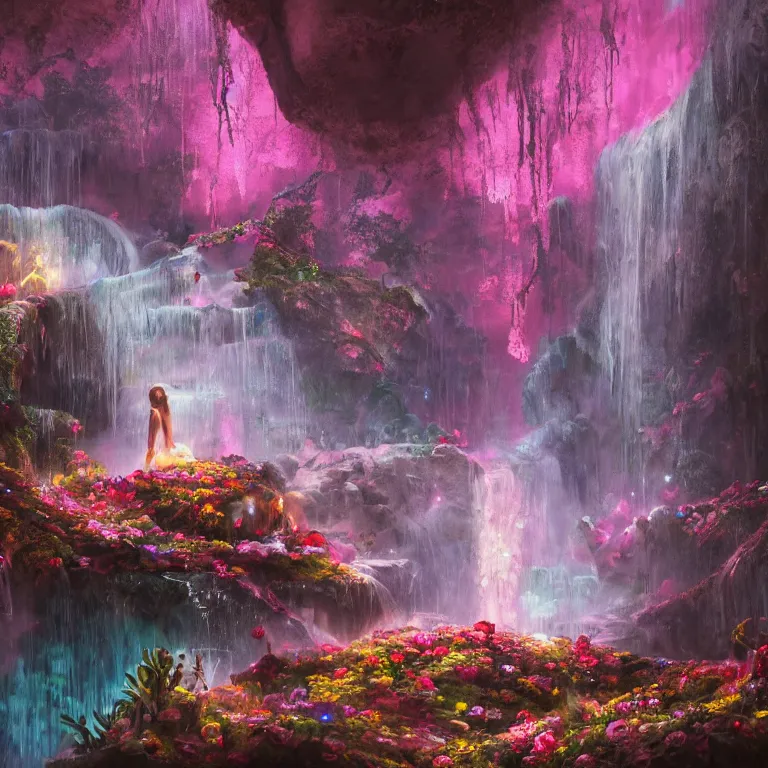 Prompt: oil painting, rich deep colors masterpiece, waterfall, gray, pink, ultra detailed, beautiful fantasy cave scene, contrast, firefly lights, neon drops, neon stones, redheaded flower girl and dress made of fresh flowers, roses, lilies, volumetric light, neon signs, atmospheric lighting, dramatic, cinematic, steampunk, moody, octane render 4 k, 8 k