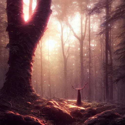 Image similar to highly detailed creepy creature in the forest, stephen bliss, unreal engine, fantasy art by greg rutkowski, loish, rhads, ferdinand knab, makoto shinkai and lois van baarle, ilya kuvshinov, rossdraws, tom bagshaw, global illumination, radiant light, detailed and intricate environment