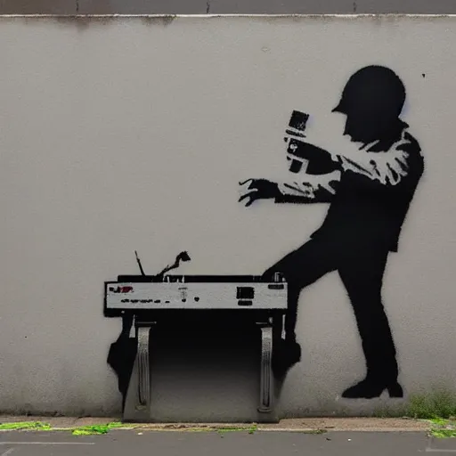 Prompt: a banksy street art depicting a disc jockey using a turntable, artstation, highly detailed